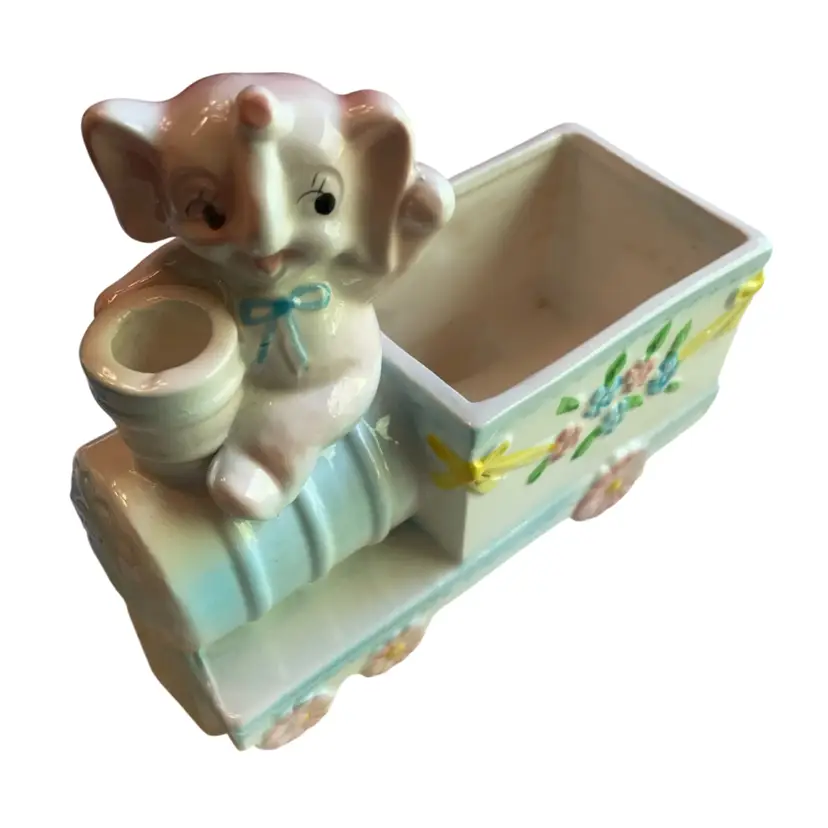 VTG 1960's Nursery Planter Pink Elephant Riding A Train