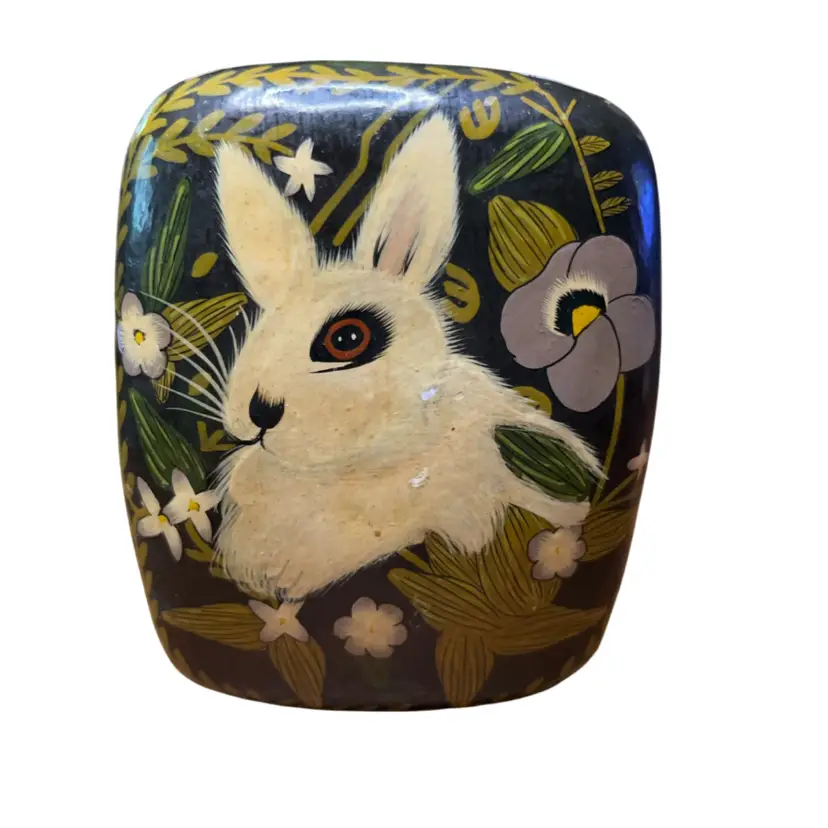10. Vintage Paper Mache Lacquer Trinket Box Kashmir India Rabbit Bunny Flowers Box