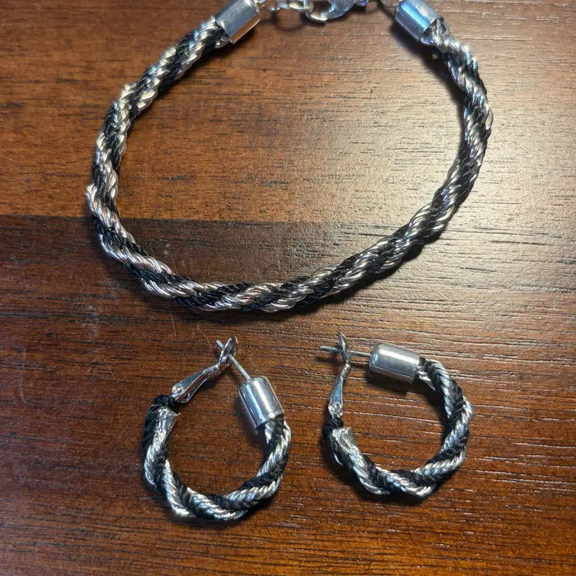 Black/ Silver Rope Bracelet Earring Set