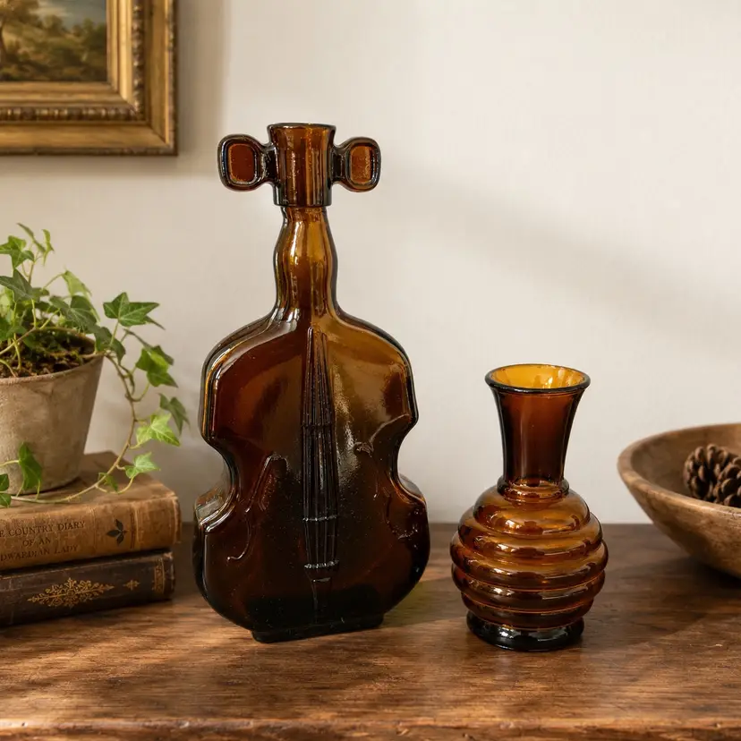 Vintage Amber Glass Beehive Vase And Amber Glass Violin Bottle