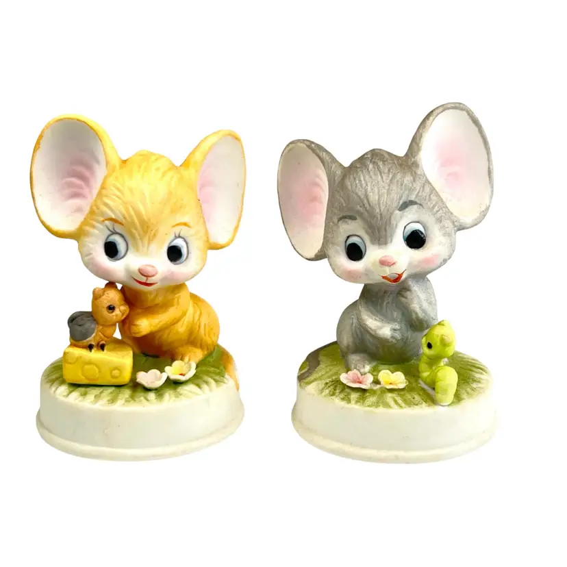 Pair Mouse Ceramic Figurines. Very Cute. One w Butterfly & Cheese. One w Caterpillar. Marked C-9447 on Bottom.