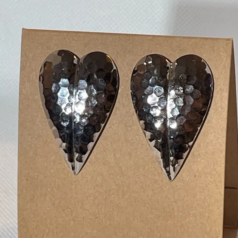 @@ SilverTone Hammered Heart 1.75” Post Back Earrings