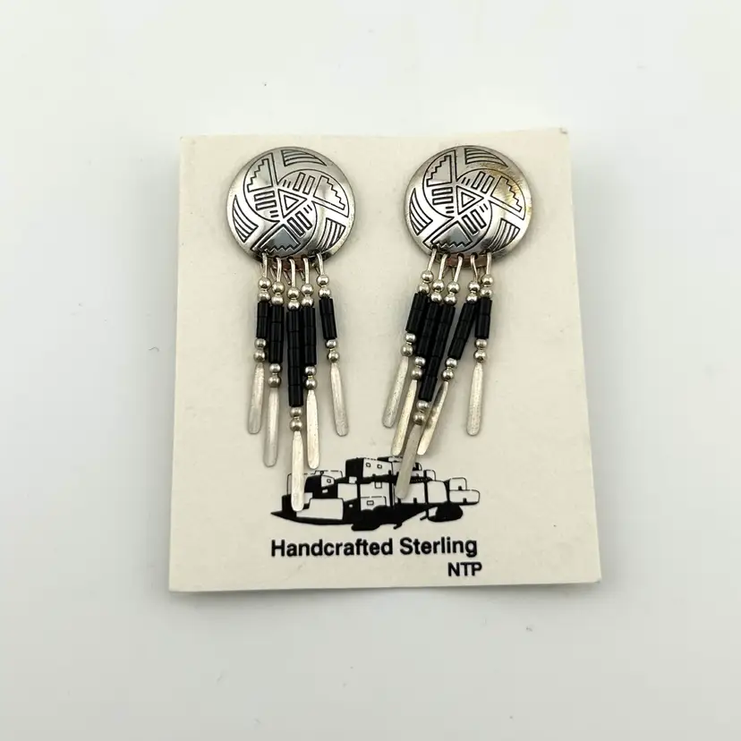 Native American Sterling Silver And Jet Pierced Earrings 2.25”