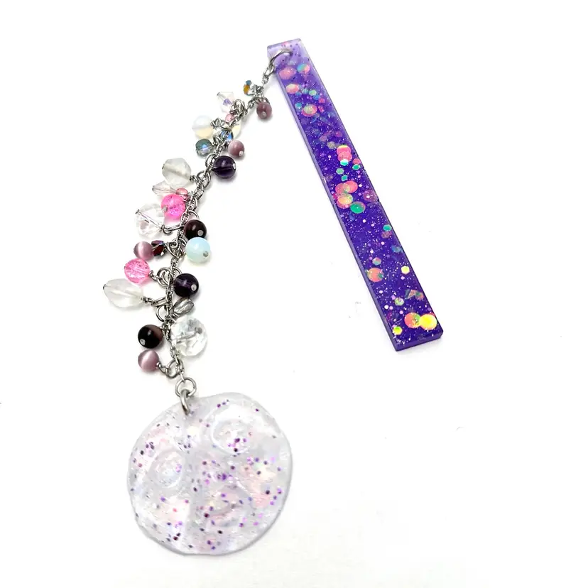 Moon Face Charm Beaded Bookmark Purple 7.75” L