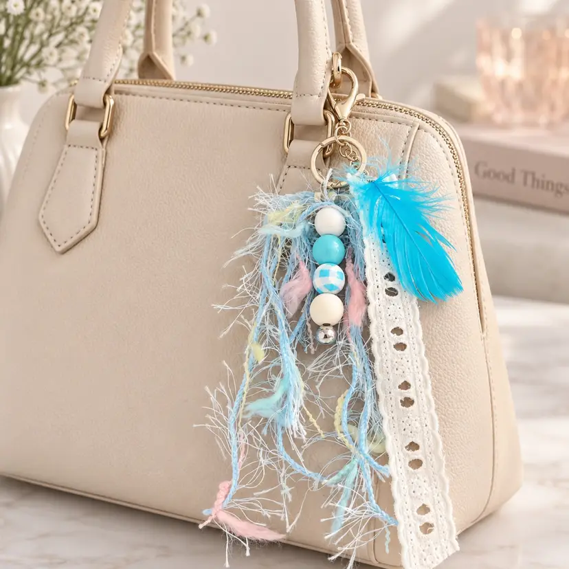 Handmade Boho Bag Charm, Blue Fiber Tassel Purse Charm, Beaded Keychain, Coastal Purse Accessory, Mixed Media Gift