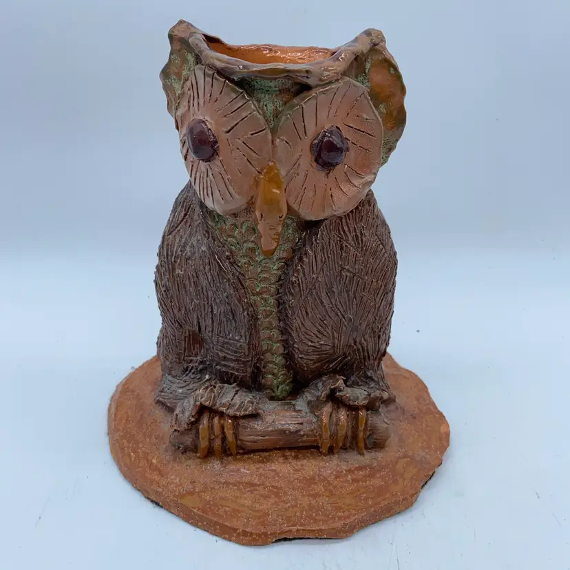#2259 Handmade Sculptured Pottery Owl Vase Or Holder.
