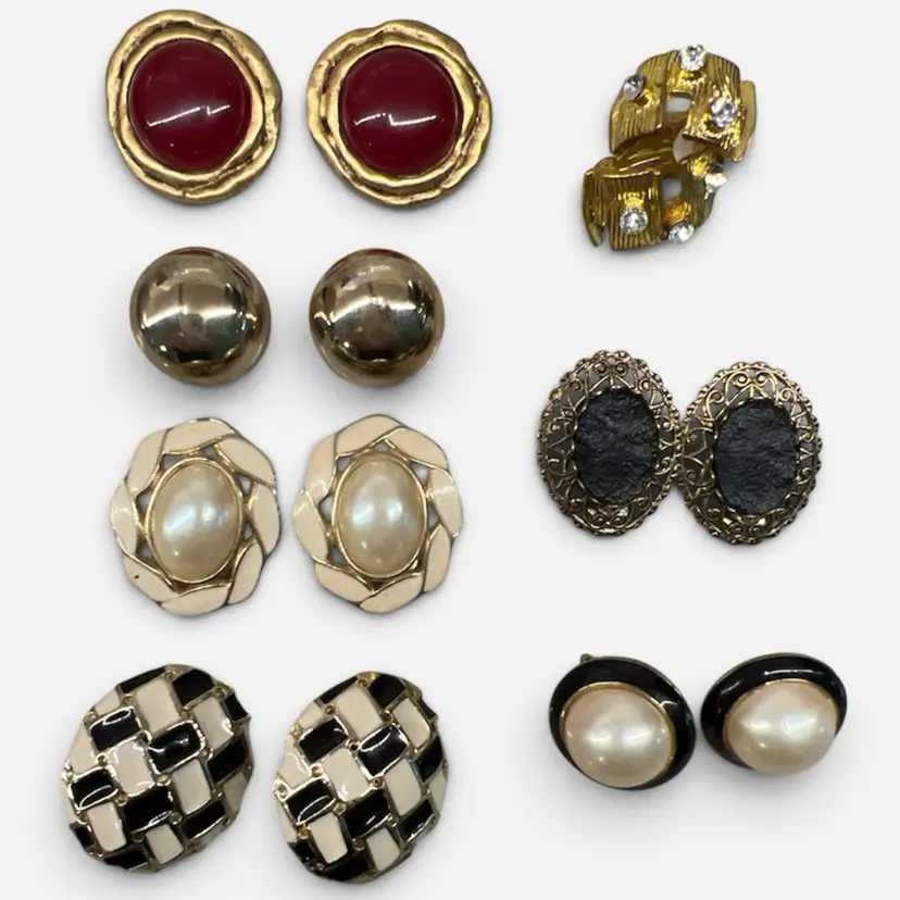 Vintage Filigree Enamel Faux Pearl Cabochon Gold Tone Clip on Earrings 7 Pair