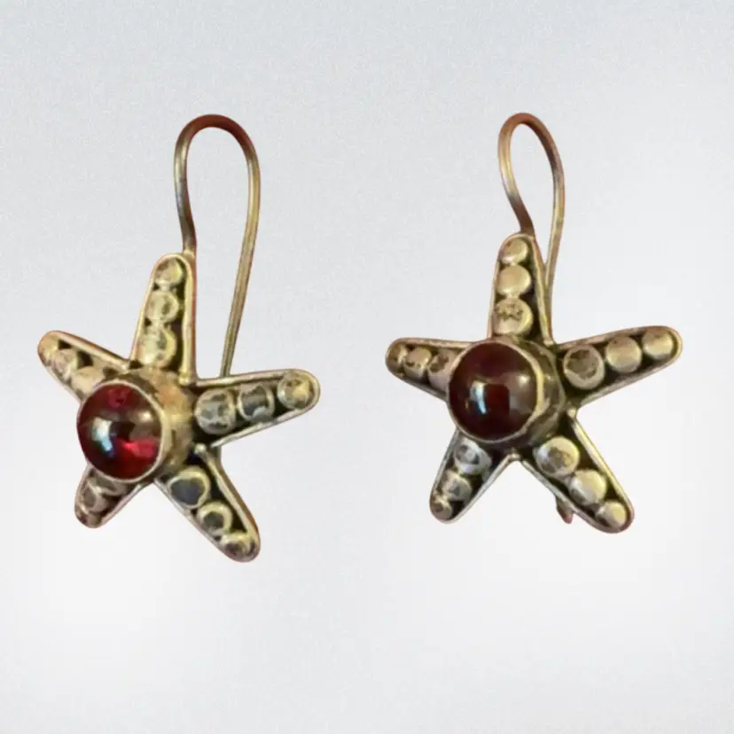Vintage Sterling Silver Garnet Starfish Sea Star Earrings 1”