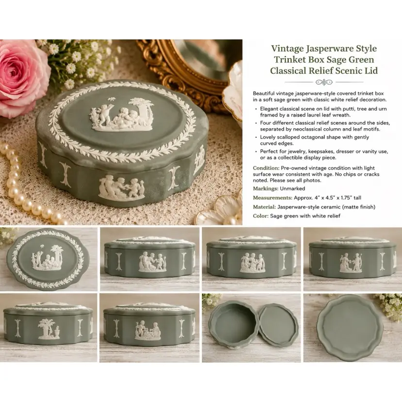 Vintage Sage Green Jasperware Style Lidded Trinket Box Classical Relief 4.5”