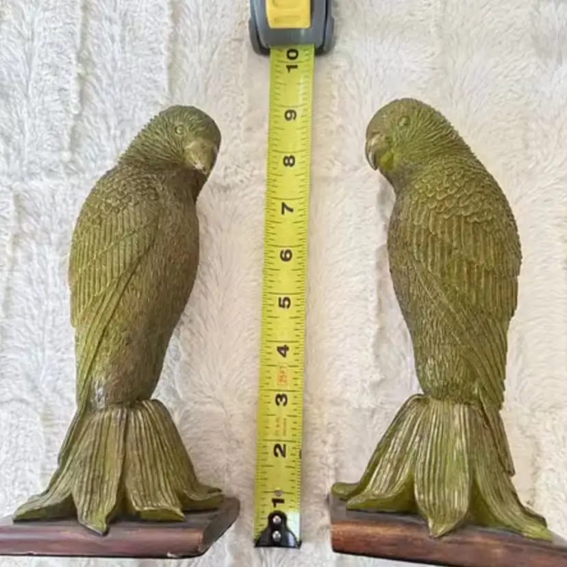 Vintage Pair of Green Tone Parrot Bookend Figurines 10 inches