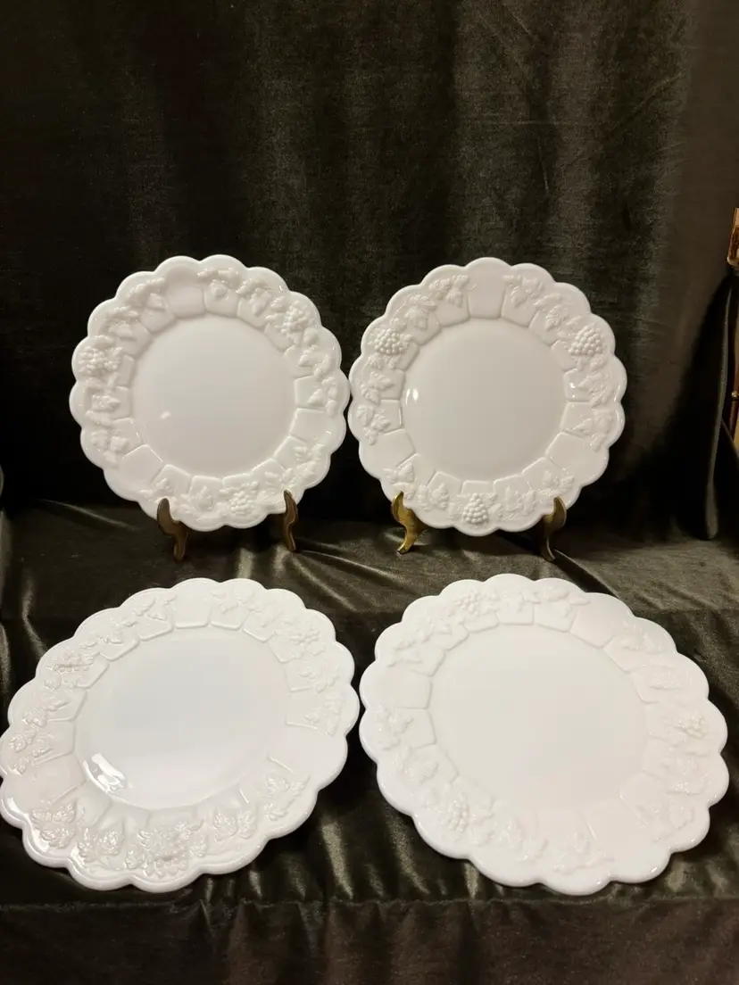 Vintage Set of 4 Westmoreland Milk Glass Paneled Grape Lunch Salad  Plates ~8.25" Dia
