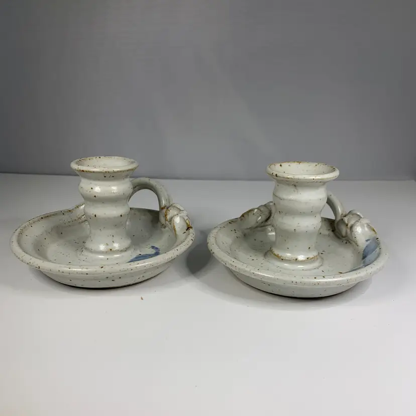 Vintage Salt Glaze Candlestick Holders Art Pottery Artist Signed Chamber Style