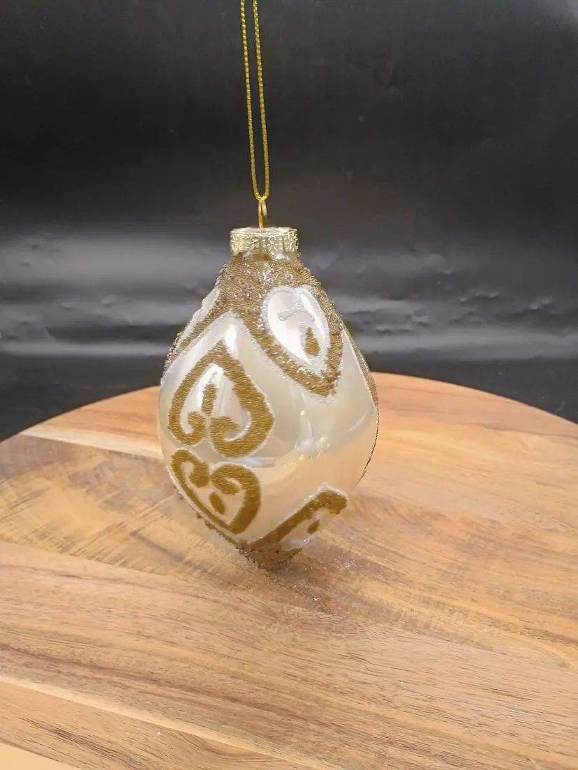 Large Silver Glass with Gold Frit Beading Detail in Abstract Scroll Pattern Teardrop Ornament