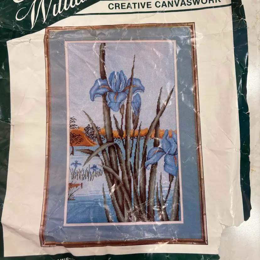 Vtg Elsa Williams IRIS Needlepoint Kit Blue Irises 13x21 Complete Wool Yarn