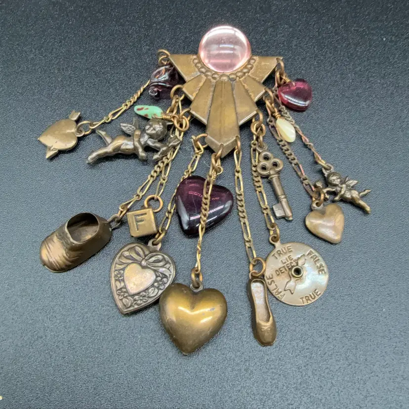 Top Shelf Jewelry Designs Antique Bronze Whimsical Multi Charms Brooch Pin 3.5”