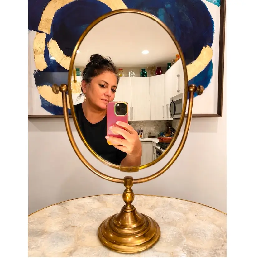 😻 Vintage Brass Vanity Mirror, Oval Tilting Dressing Table Mirror, Velvet Back 15”