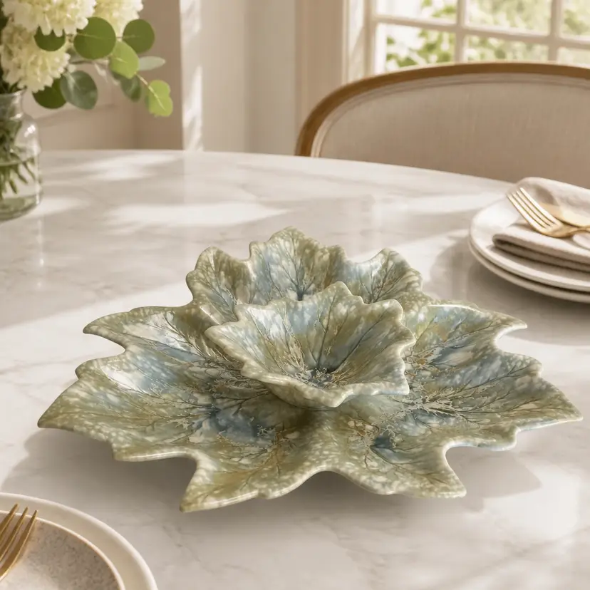 Green & Beige Glazed 2 Piece Ceramic Leaf Shaped Divided Serving Dish, 14" Dia.