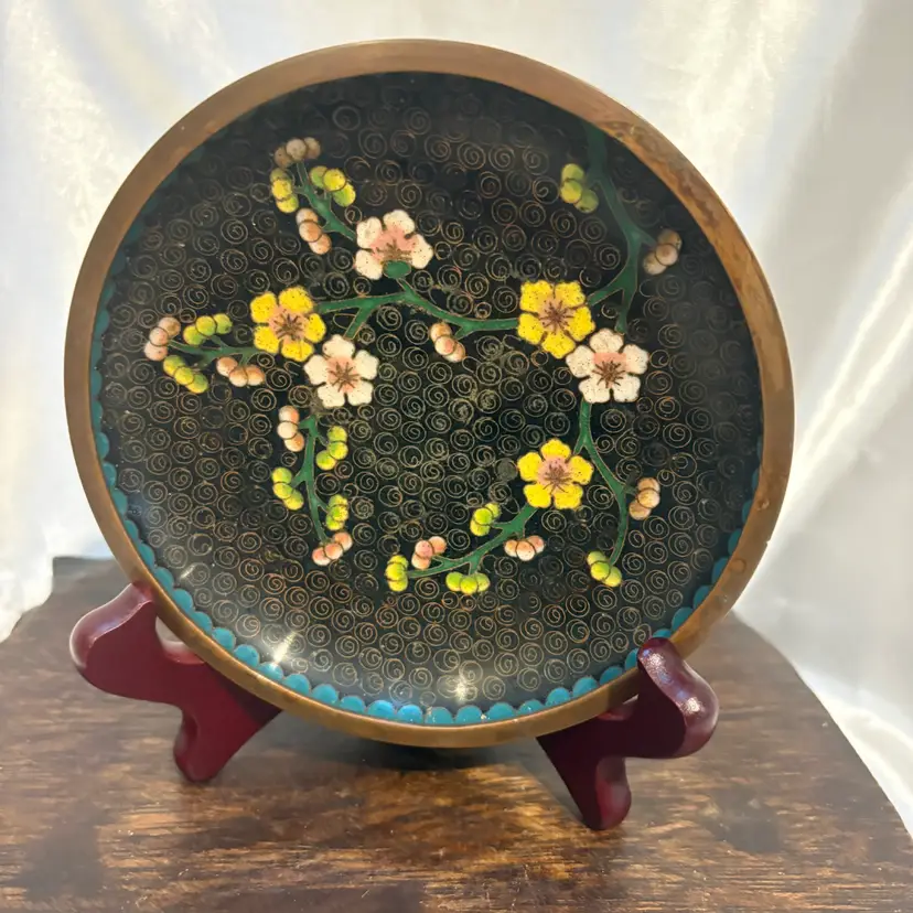 Vintage  Cloisonné Floral 5” trinket dish brass
