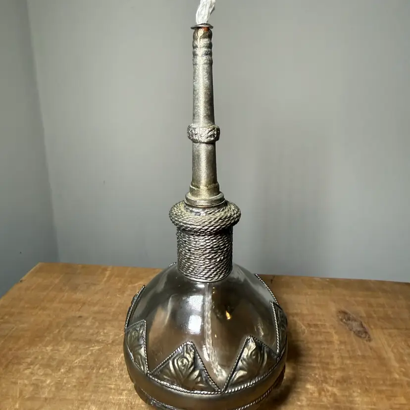 Italian Glass Oil Lamp with Ornate Metal Overlay