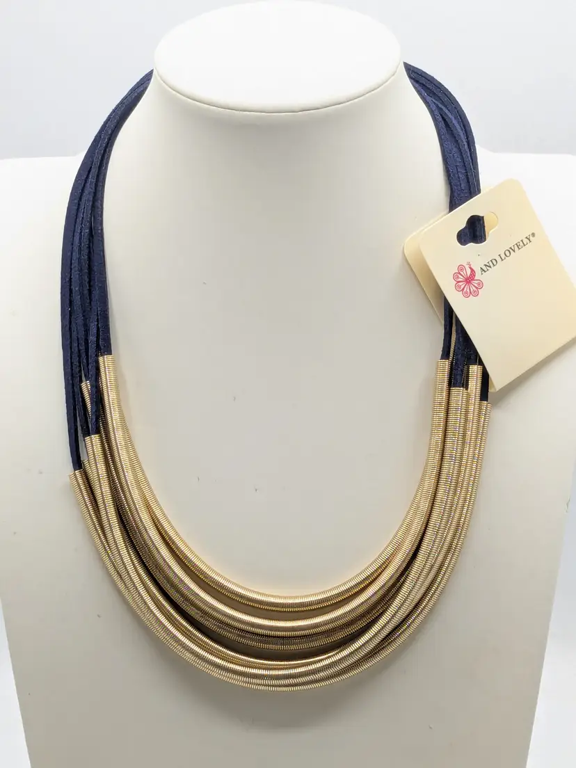 And Lovely Navy Blue Multi-Strand Gold Tone Coiled Tube Necklace NWT