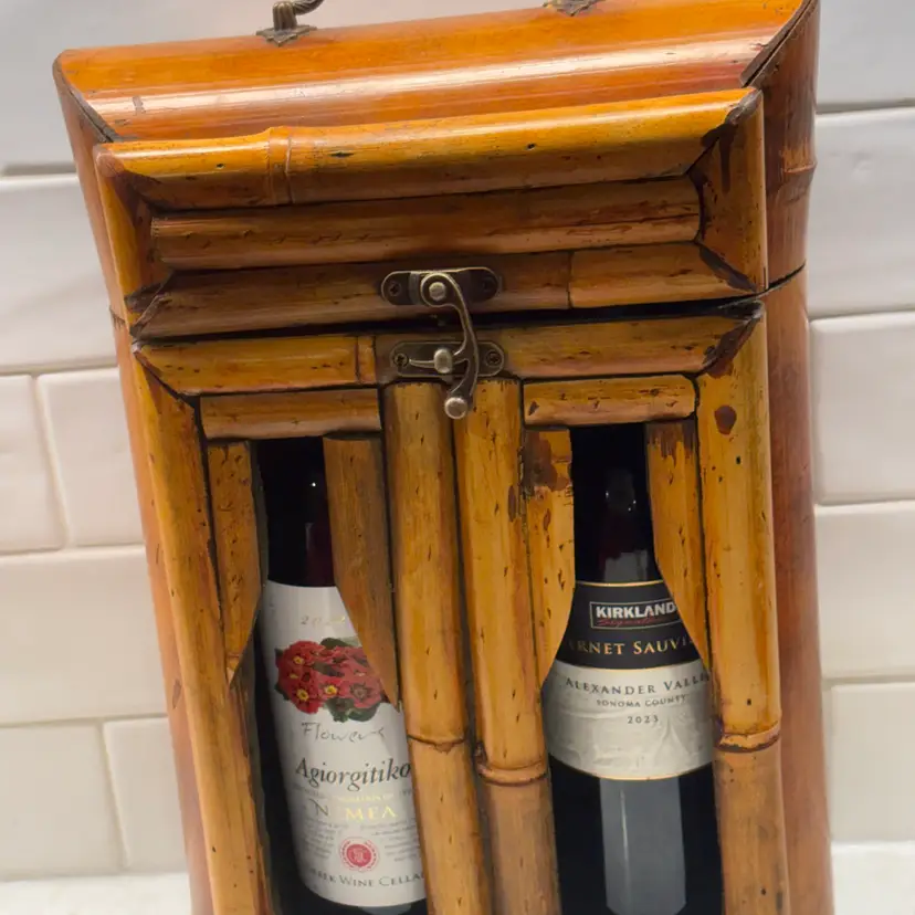 Vtg  Bamboo Double Wine Bottle Carrier Box - Brass Handle - Tiki Bar Boho