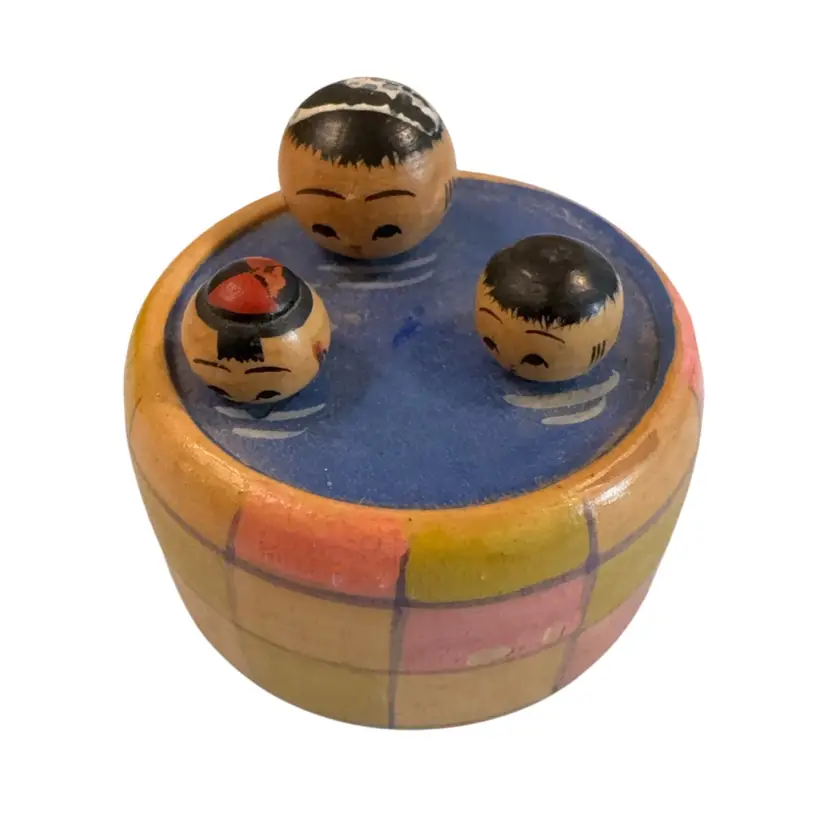 3 Vintage Kokeshi Heads In Tub. Heads Move But Do Not Come Out Of Tub. Tub Is 1 1/2” Round