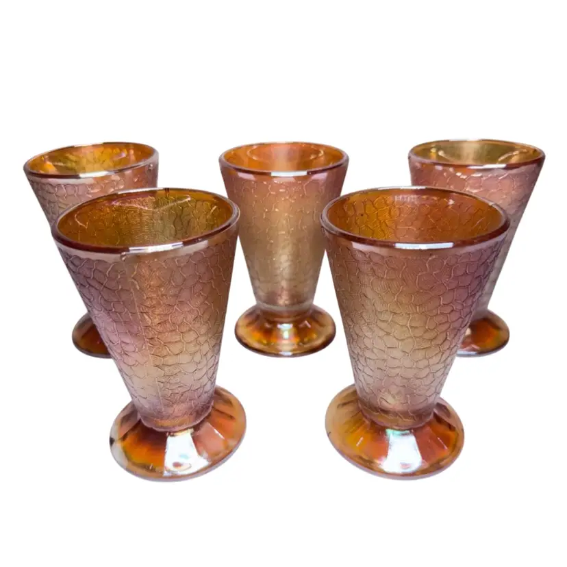 Jeanette Crackle Marigold Carnival Glass Footed Tumbler 4.75" Tall Vintage Lot Of 5