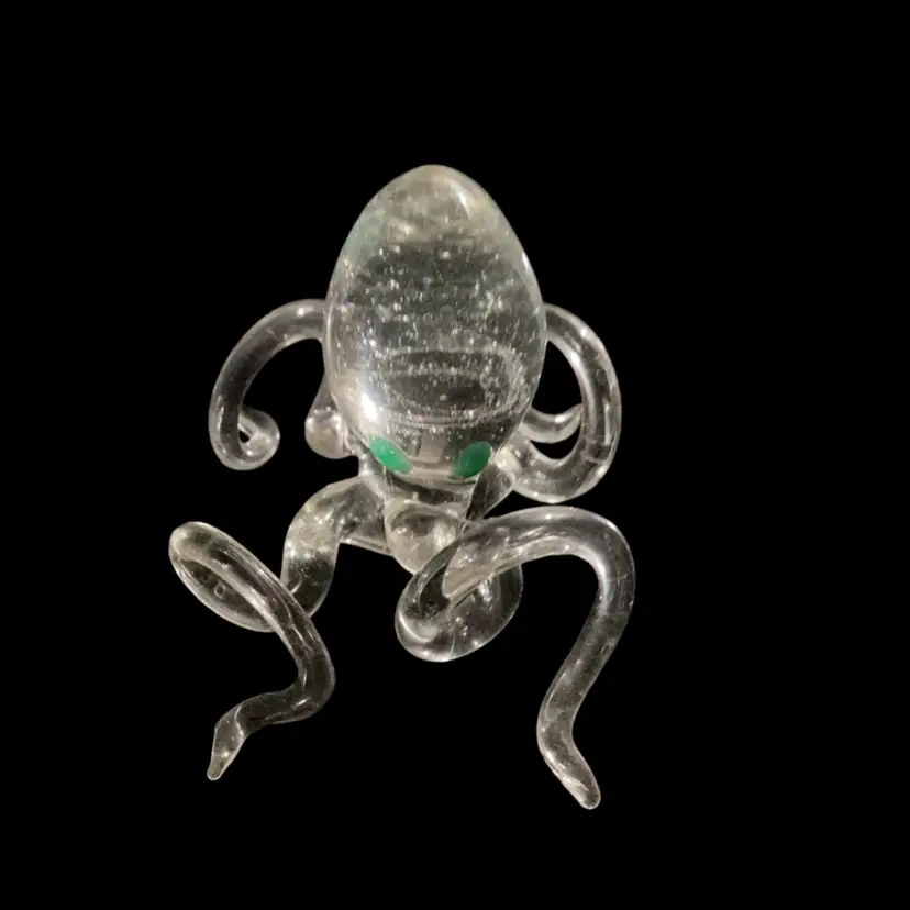 Handblown Clear Glass Octopus Figurine With Green Eyes