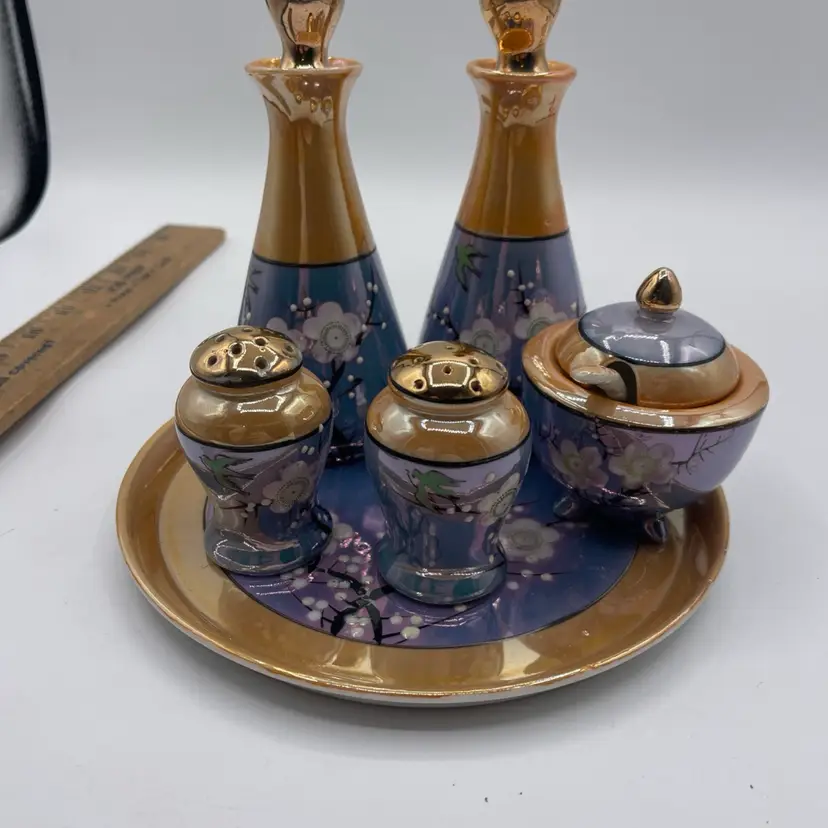 Vintage Art Deco Lusterware Japan Complete Condiment Set & Tray Floral