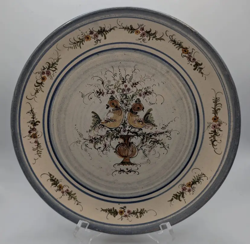 Vintage Greek Hand Painted Ceramic Wall Plate Bird Floral Signed Made in Greece