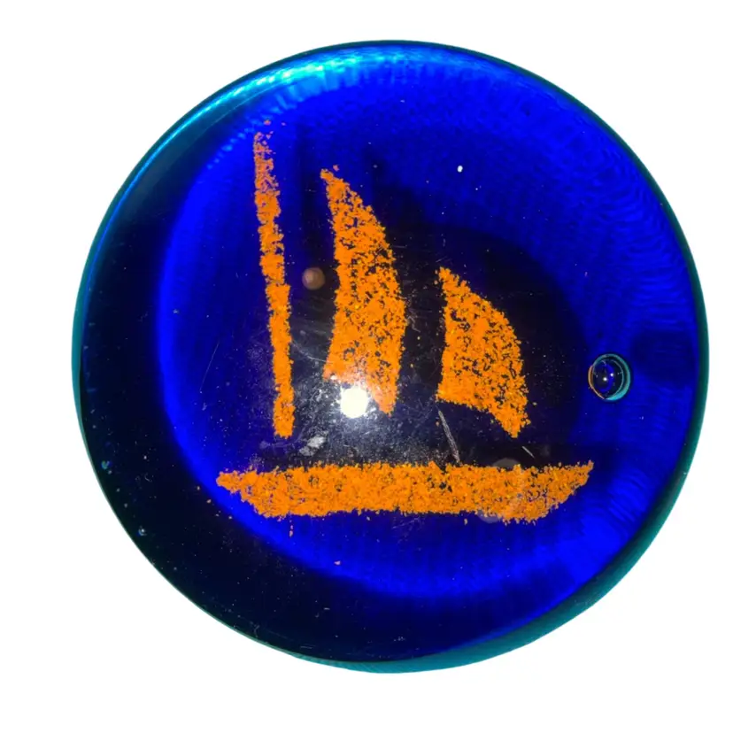 #31… Blue Glass Sailboat Paperweight with Orange Sails
