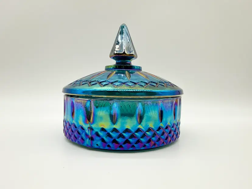 UV Reactive Vtg Indiana Glass Blue Iridescent Carnival Glass Lidded Candy Dish