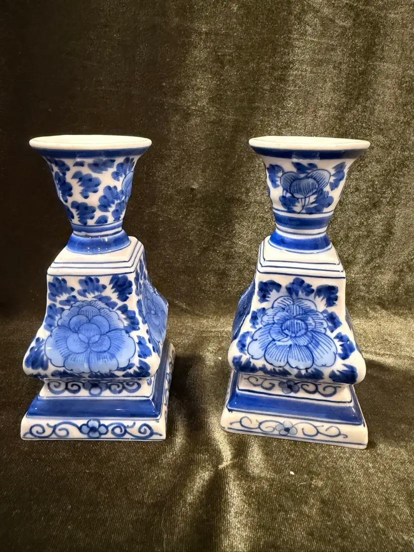 Vintage Blue & White Chinoiserie Handpainted Porcelain Candle Holder Made in Thailand 5”X 2 1/2”