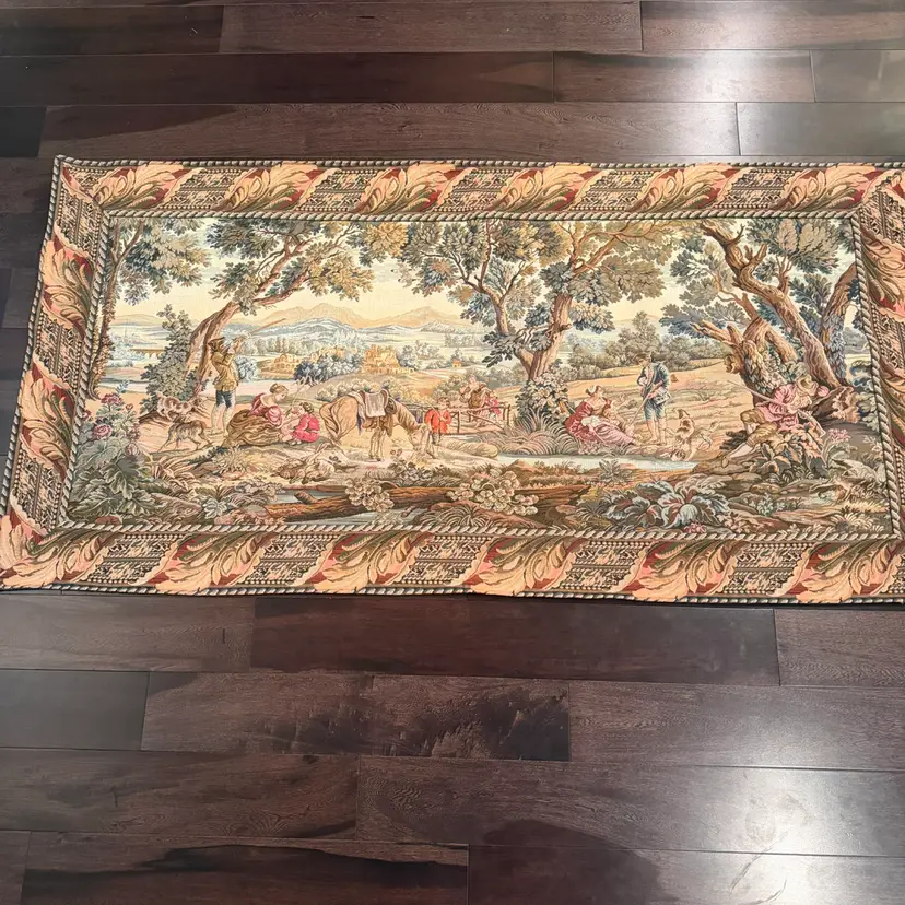 French Verdure Jacquard Tapestry Pastoral Hunting Scene Horses Dogs 68”