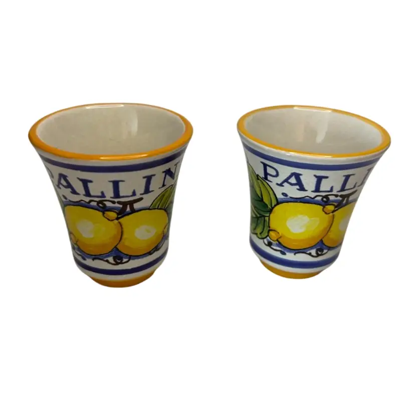 Pair Of Hand Painted Ceramic Pallini Limoncello Shot Glasses Crafted Deruta Italy 2 3/4” Tall