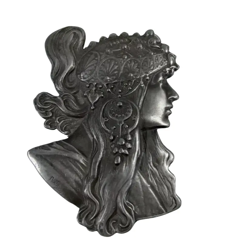 Vintage 70s Art Nouveau Metal Belt Buckle Designed By Alphonse Mucha by Indiana Metal Craft 4.5”