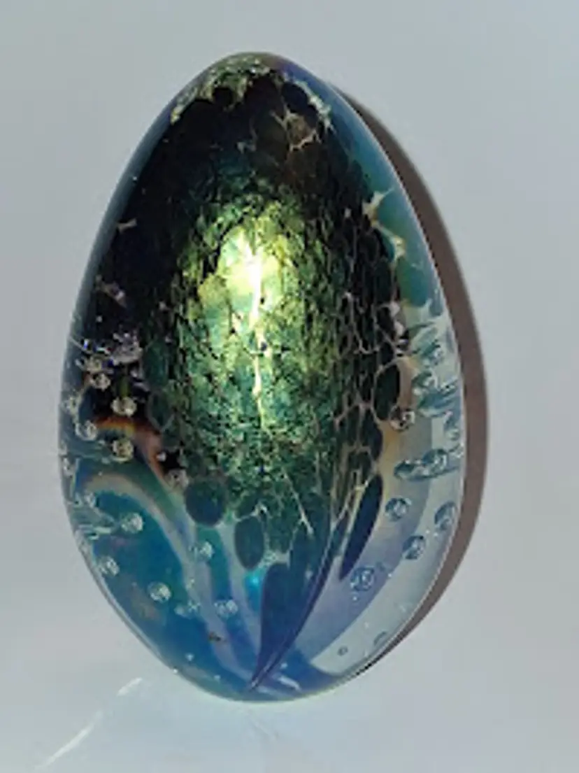 Vintage 1993 Glass Eye Studio iridescent Ovoid/Egg Shaped Paperweight