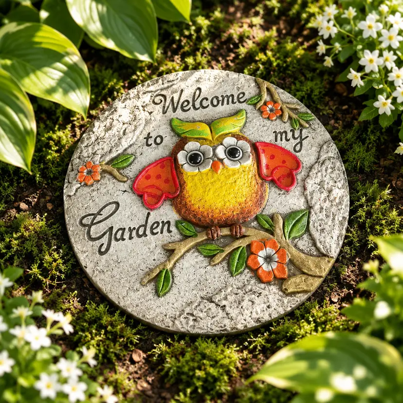 Round Concrete "Welcome To My Garden" Owl Tile, .25" Diameter