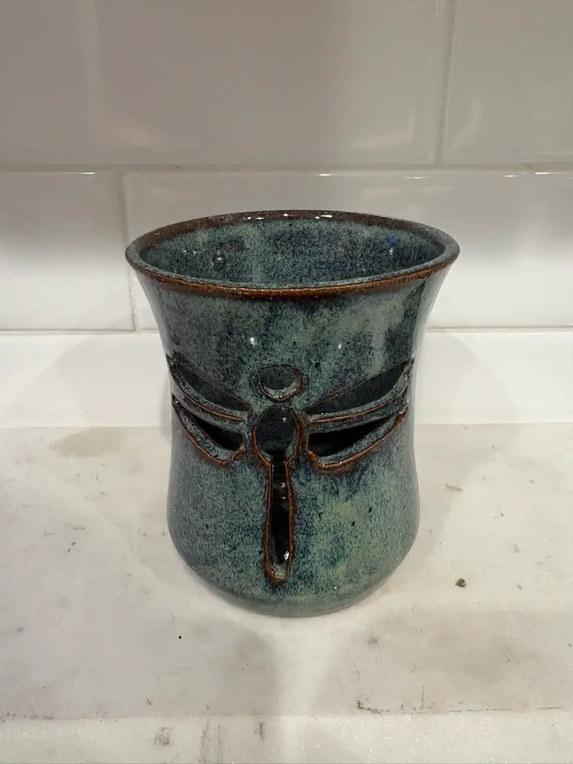 Handmade Blue Pottery Votive Holder Dragonfly Motif Signed