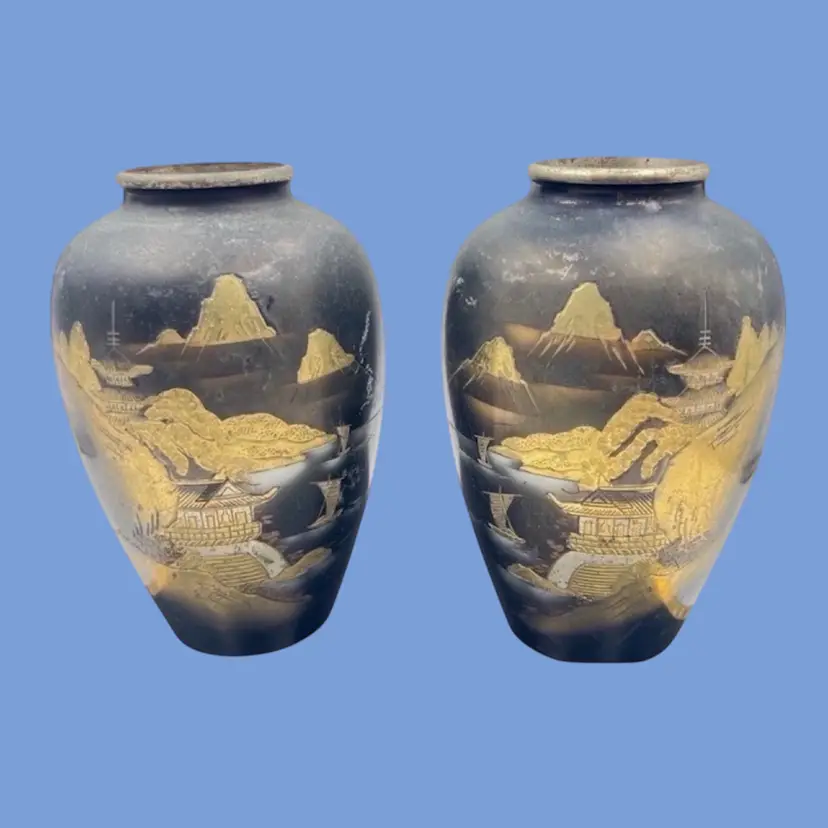 #073- 2 BRASS BLACK VASES 
Signed By Artist 
Japan