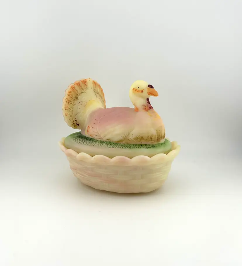 Hand Painted Fenton Burmese Glass Turkey on Nest 5.5”x 4”x 4.5” Glows!