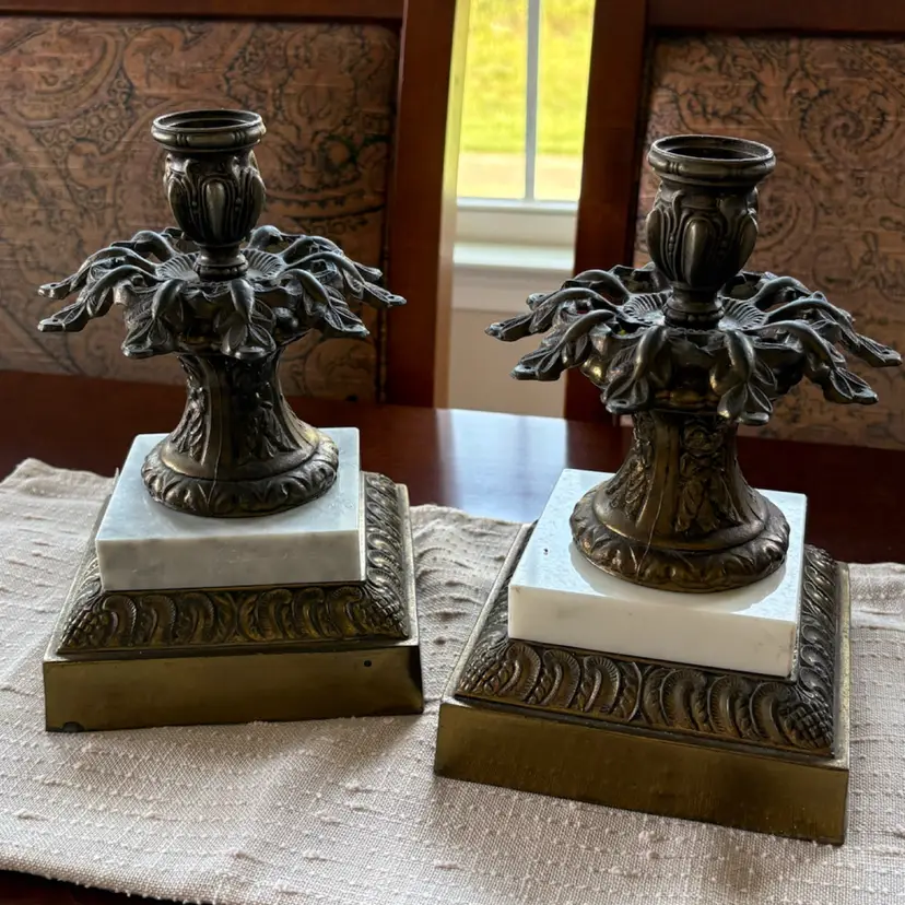 Hollywood Regency Italian Marble Candlesticks With Brass Or Bronze, Circa 1950s-60s.