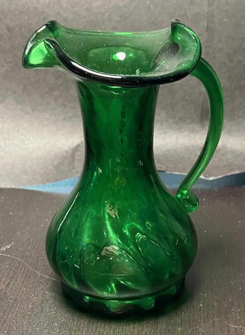 VTG Handblown Emerald Spiral Glass Pitcher Cruet Applied Green Handle