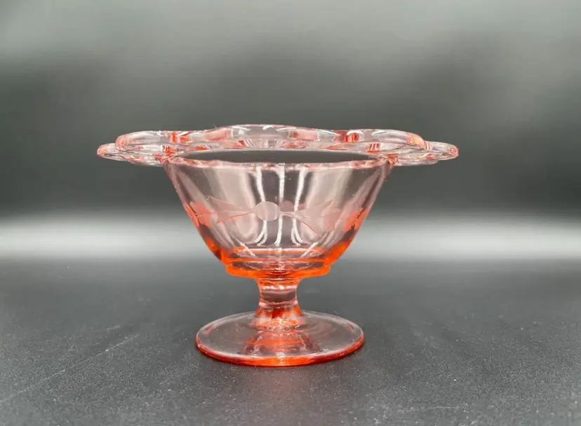 Vintage Pink Depression Glass Open Lace Compote with Beautiful Etching