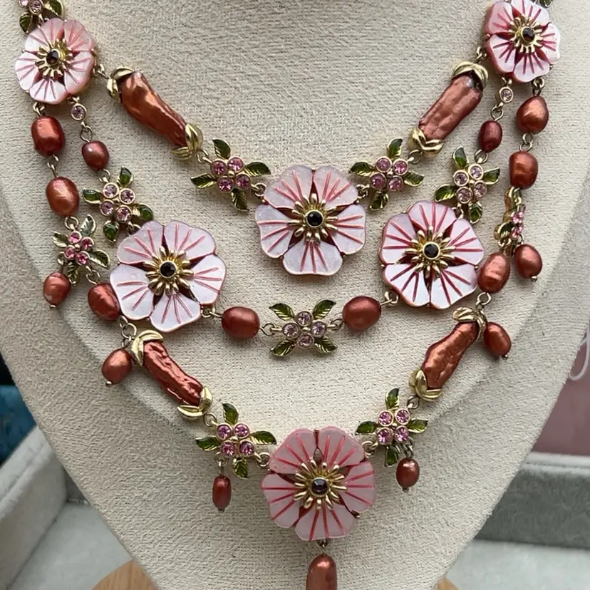 Pick If The Week *** Pink Flower Multistrand Necklace Copper Faux Pearls Rhinestones Gold Tone 16–18”