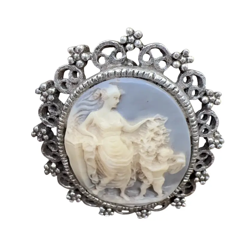 Vintage Silver Tone Cameo Brooch