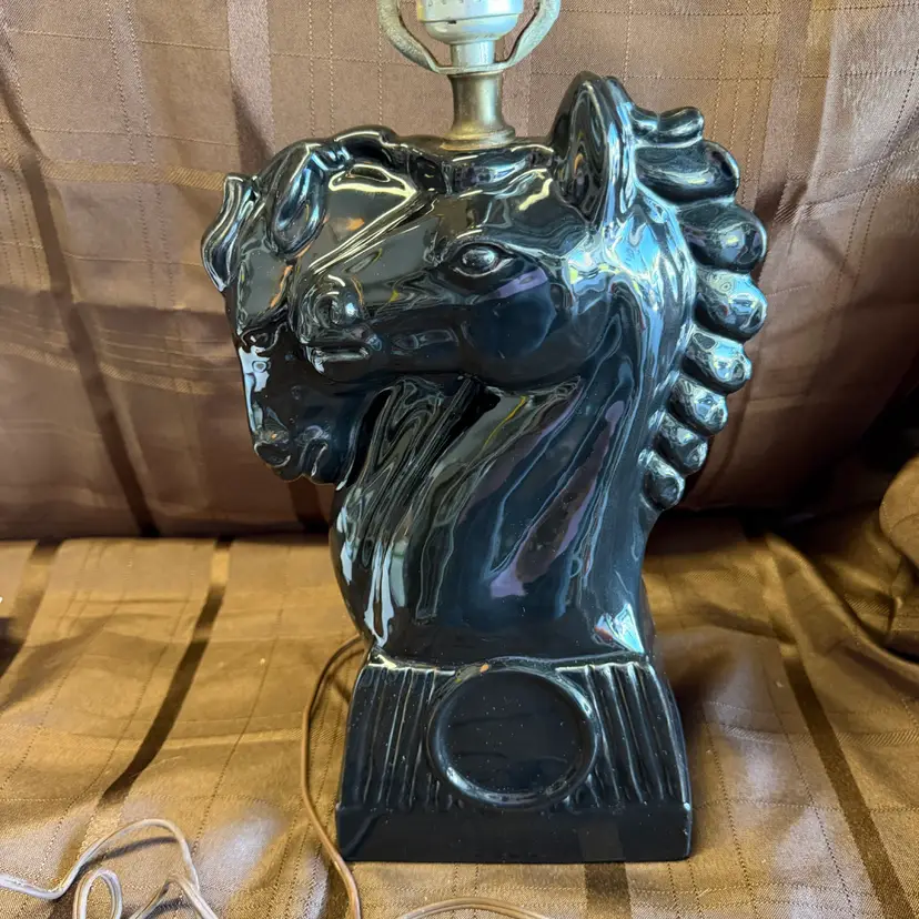 Vintage Mid Century Black Ceramic Double Horse Head Lamp - Art Deco 1950s