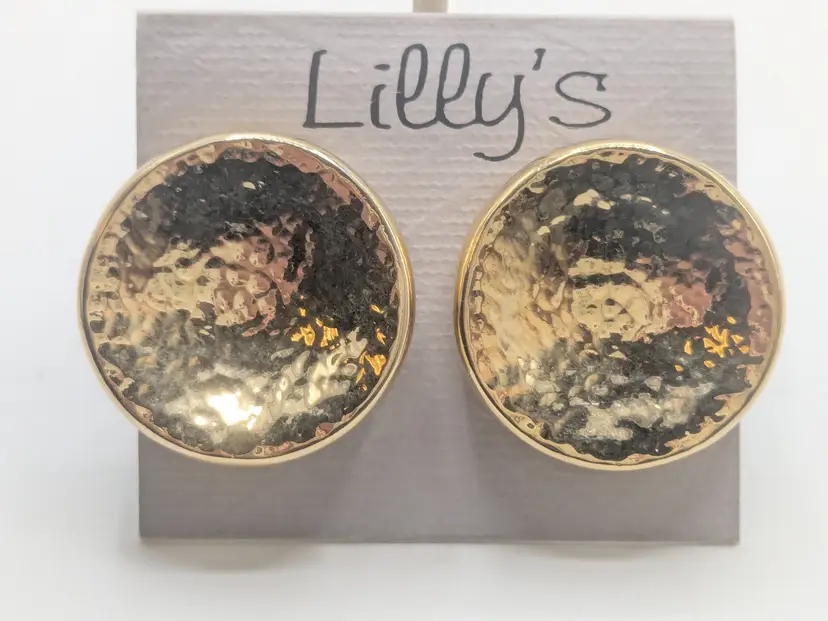 Lilly's Gold Tone Hammered Concave Button Pierced Earrings NOS
