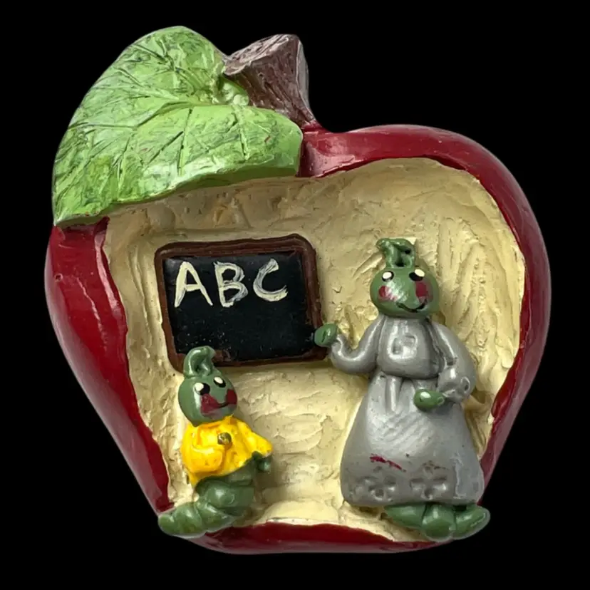 Apple School House with Worms Resin Plastic Brooch Pin. Teacher With Student Worm Learning ABC’s.