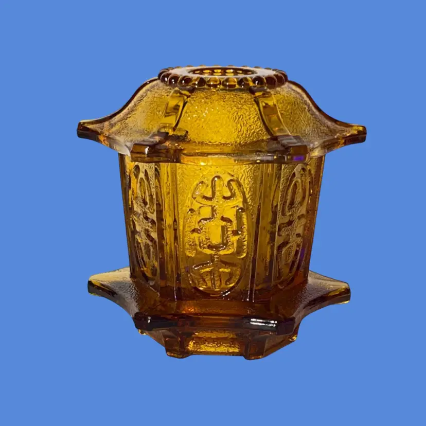 Vintage Fairy Lamp Light Pagoda Pebbled Texture Amber Glass Asian-inspired Embossed Symbols Homco 1970-80s